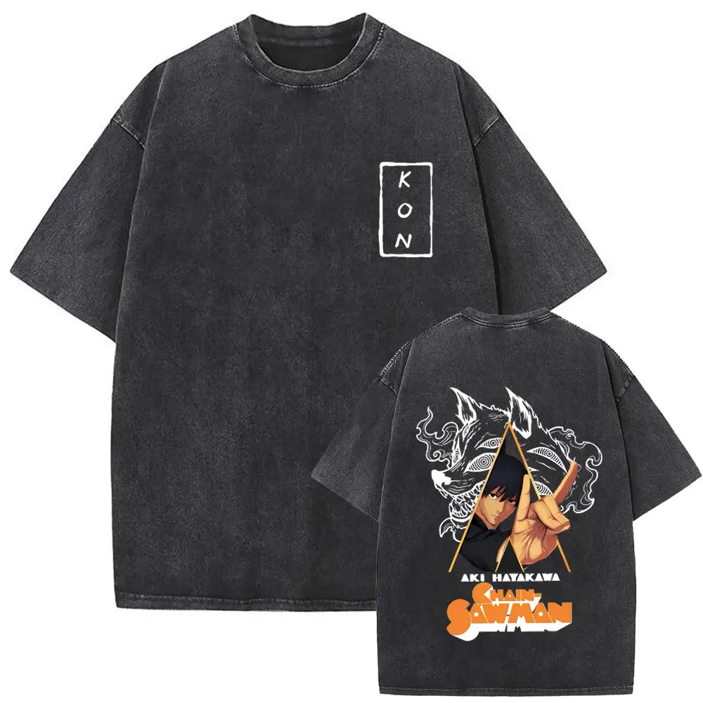 Anime Chainsaw Man Vintage Washed T-shirt Hayakawa Aki Summon Kon Fox Devil Graphic T Shirts Men Women Casual Fashion T-shirts
