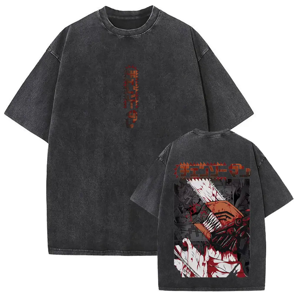 Anime Chainsaw Man Vintage Washed T-shirt Hayakawa Aki Summon Kon Fox Devil Graphic T Shirts Men Women Casual Fashion T-shirts