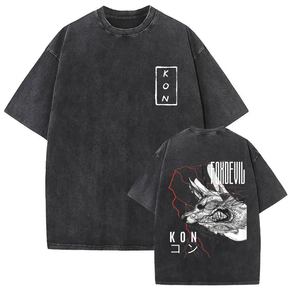 Anime Chainsaw Man Vintage Washed T-shirt Hayakawa Aki Summon Kon Fox Devil Graphic T Shirts Men Women Casual Fashion T-shirts