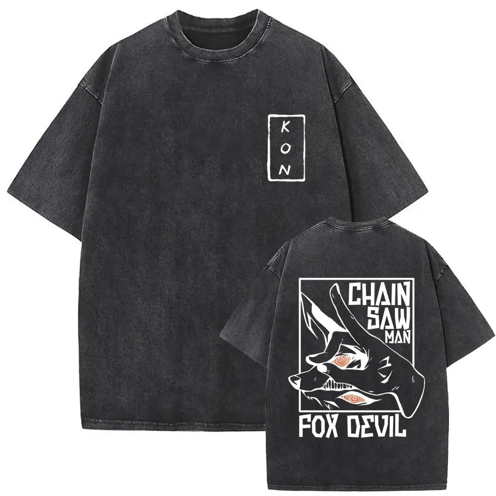 Anime Chainsaw Man Vintage Washed T-shirt Hayakawa Aki Summon Kon Fox Devil Graphic T Shirts Men Women Casual Fashion T-shirts