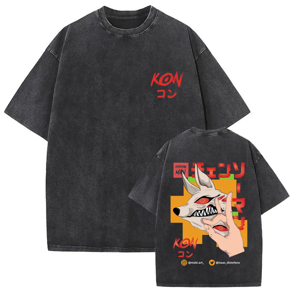 Anime Chainsaw Man Vintage Washed T-shirt Hayakawa Aki Summon Kon Fox Devil Graphic T Shirts Men Women Casual Fashion T-shirts