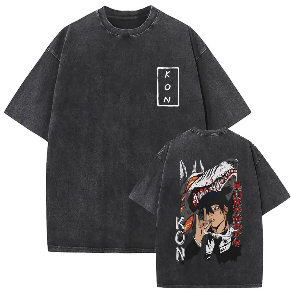 Anime Chainsaw Man Vintage Washed T-shirt Hayakawa Aki Summon Kon Fox Devil Graphic T Shirts Men Women Casual Fashion T-shirts