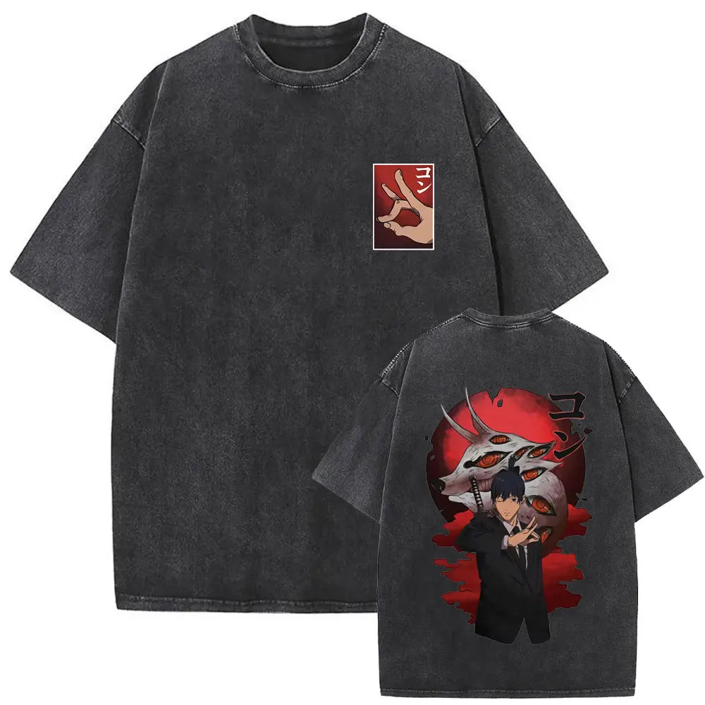 Anime Chainsaw Man Vintage Washed T-shirt Hayakawa Aki Summon Kon Fox Devil Graphic T Shirts Men Women Casual Fashion T-shirts