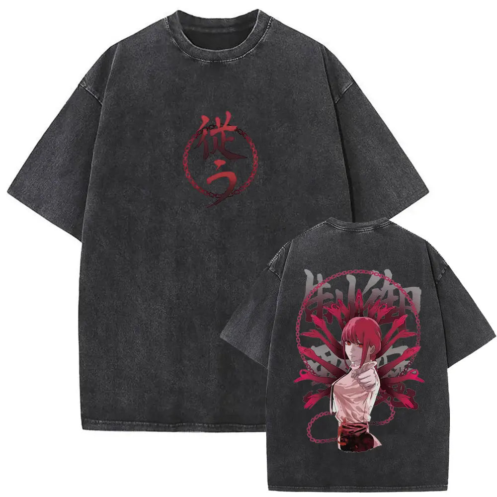 Anime Chainsaw Man Vintage Washed T-shirt Hayakawa Aki Summon Kon Fox Devil Graphic T Shirts Men Women Casual Fashion T-shirts