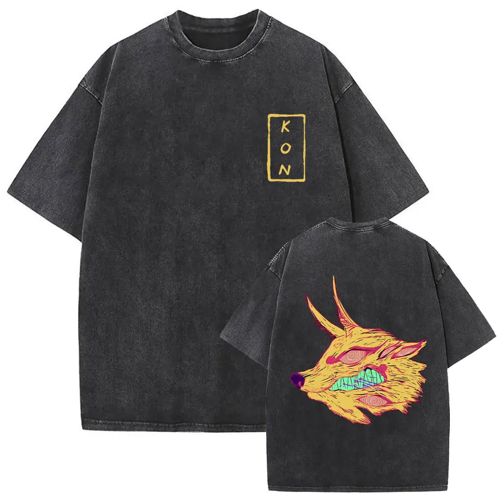 Anime Chainsaw Man Vintage Washed T-shirt Hayakawa Aki Summon Kon Fox Devil Graphic T Shirts Men Women Casual Fashion T-shirts