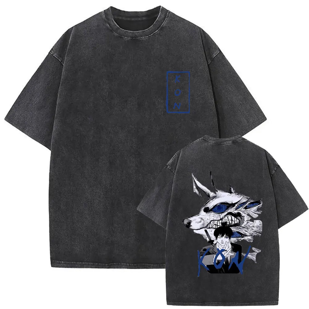 Anime Chainsaw Man Vintage Washed T-shirt Hayakawa Aki Summon Kon Fox Devil Graphic T Shirts Men Women Casual Fashion T-shirts