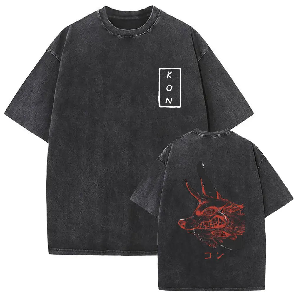 Anime Chainsaw Man Vintage Washed T-shirt Hayakawa Aki Summon Kon Fox Devil Graphic T Shirts Men Women Casual Fashion T-shirts