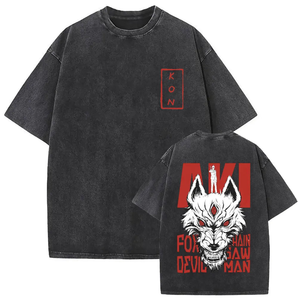 Anime Chainsaw Man Vintage Washed T-shirt Hayakawa Aki Summon Kon Fox Devil Graphic T Shirts Men Women Casual Fashion T-shirts