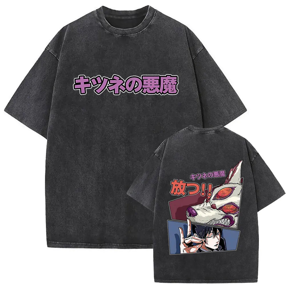 Anime Chainsaw Man Vintage Washed T-shirt Hayakawa Aki Summon Kon Fox Devil Graphic T Shirts Men Women Casual Fashion T-shirts