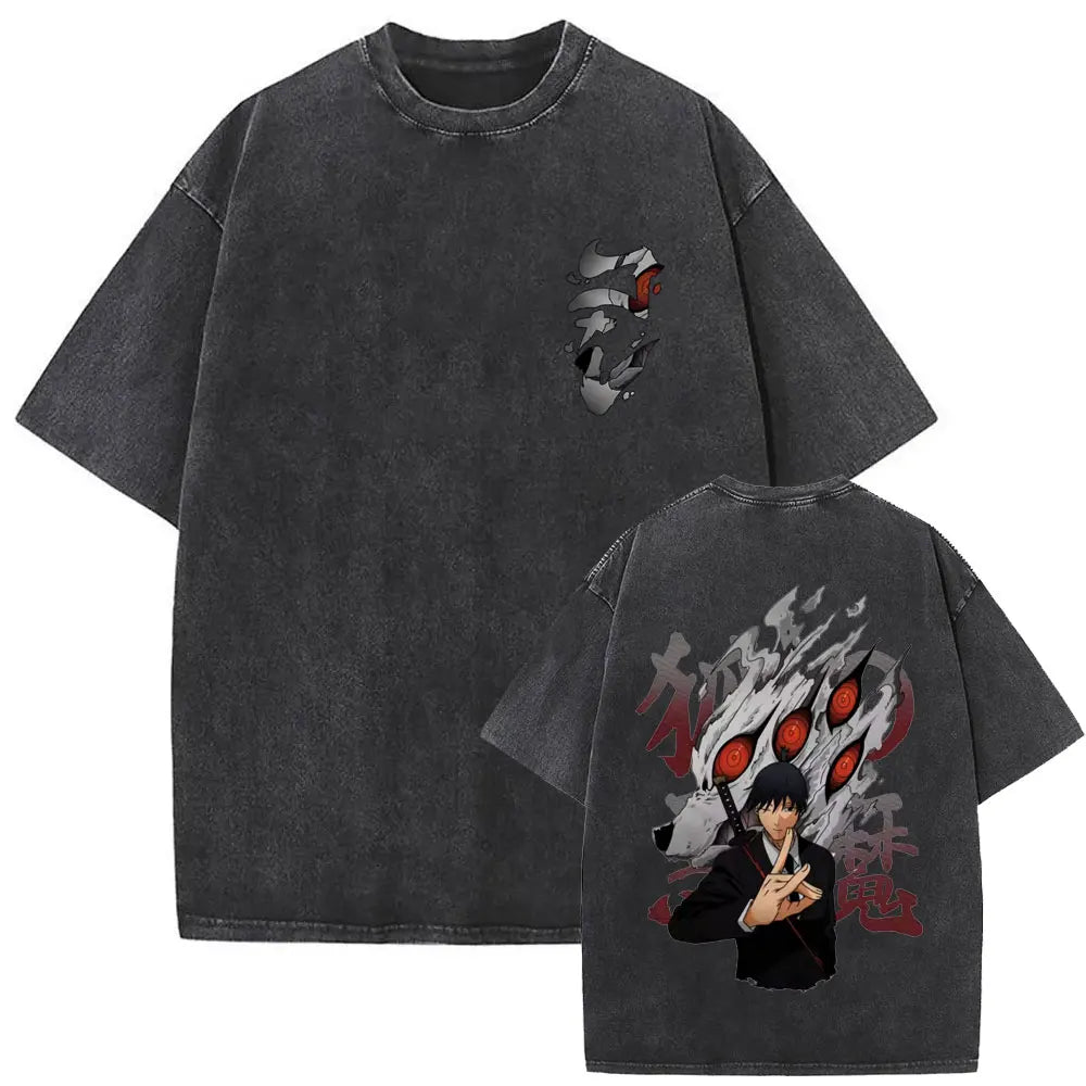 Anime Chainsaw Man Vintage Washed T-shirt Hayakawa Aki Summon Kon Fox Devil Graphic T Shirts Men Women Casual Fashion T-shirts
